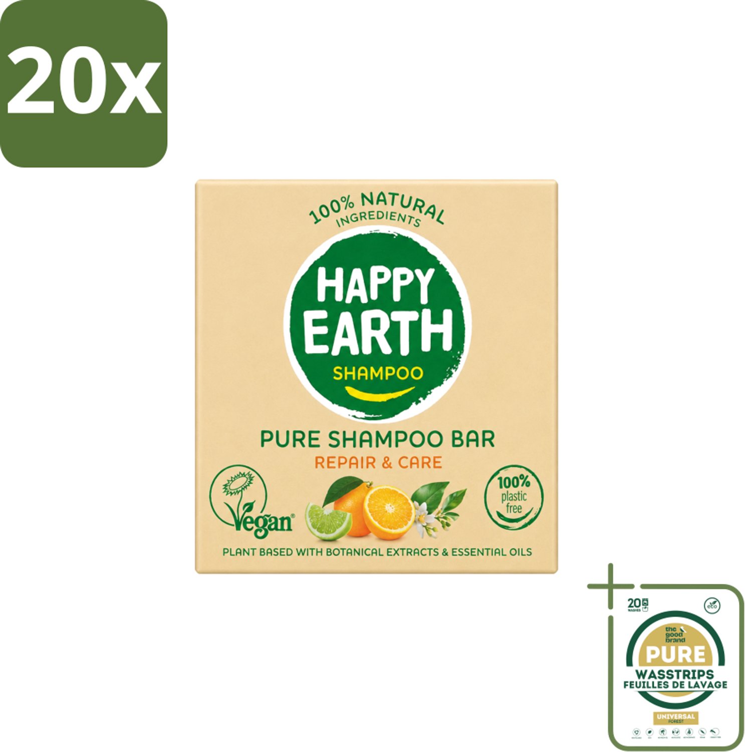 20 x Happy Earth – Shampoo Bar – 100% Natuurlijk Repair & Care – 70 g - Wasstrips - Shampoo Bar - Natuurlijke Shampoo - Vegan Shampoo - Droog Haar - Beschadigd Haar