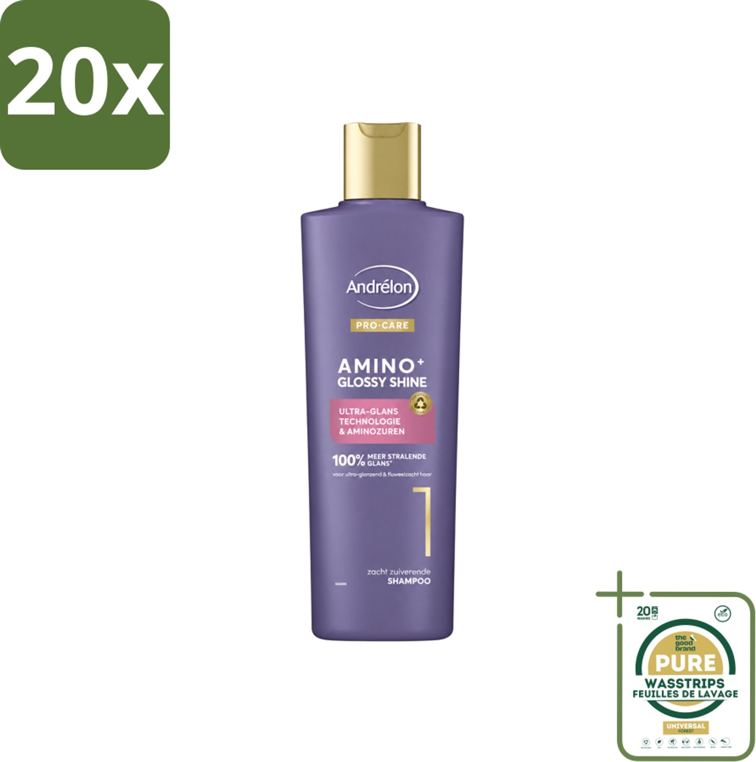 20 x Andrélon – Shampoo – Pro Care Amino+ Glossy Shine – 250 ml - Wasstrips - Haarverzorging - Glans Haar - Zachtheid Haar - Shampoo Voor Dof Haar - Aminozuren Shampoo