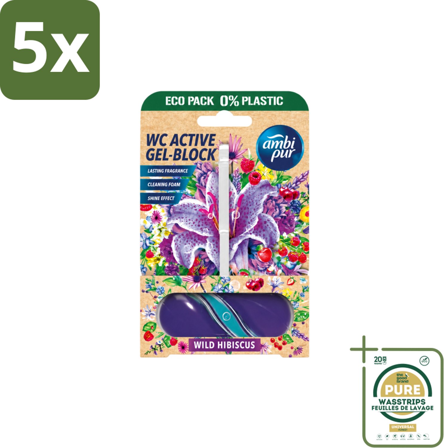 5 x Ambi Pur – Toiletblok – Wild Hibiscus – 45 g - Wasstrips - Toiletblok - Fris Toilet - Toiletverfrisser - Geur In Badkamer - Kalkaanslag Voorkomen