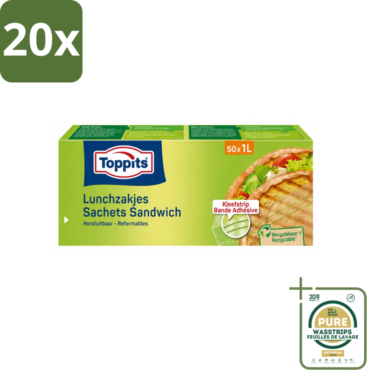 20 x Toppits – Lunchzakjes – Hersluitbaar – 1 Liter – 50 Zakjes - Wasstrips - Sandwichzakjes - Lunchzakjes - Versheid - Lekvrij - Hygiëne