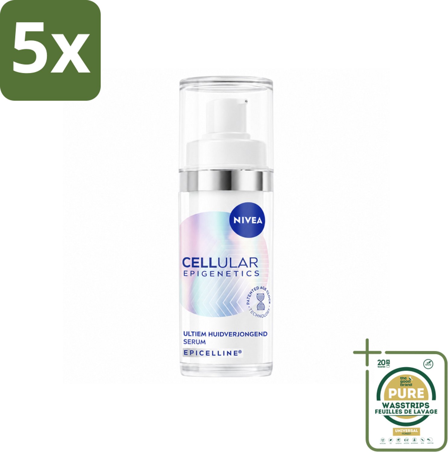 5 x NIVEA – Anti-Age Serum – Cellular Epigenetics – 30 ml - Wasstrips - Anti-ouderdom - Huidverzorging - Jeugdige Huid - Rimpels - Hyaluronzuur