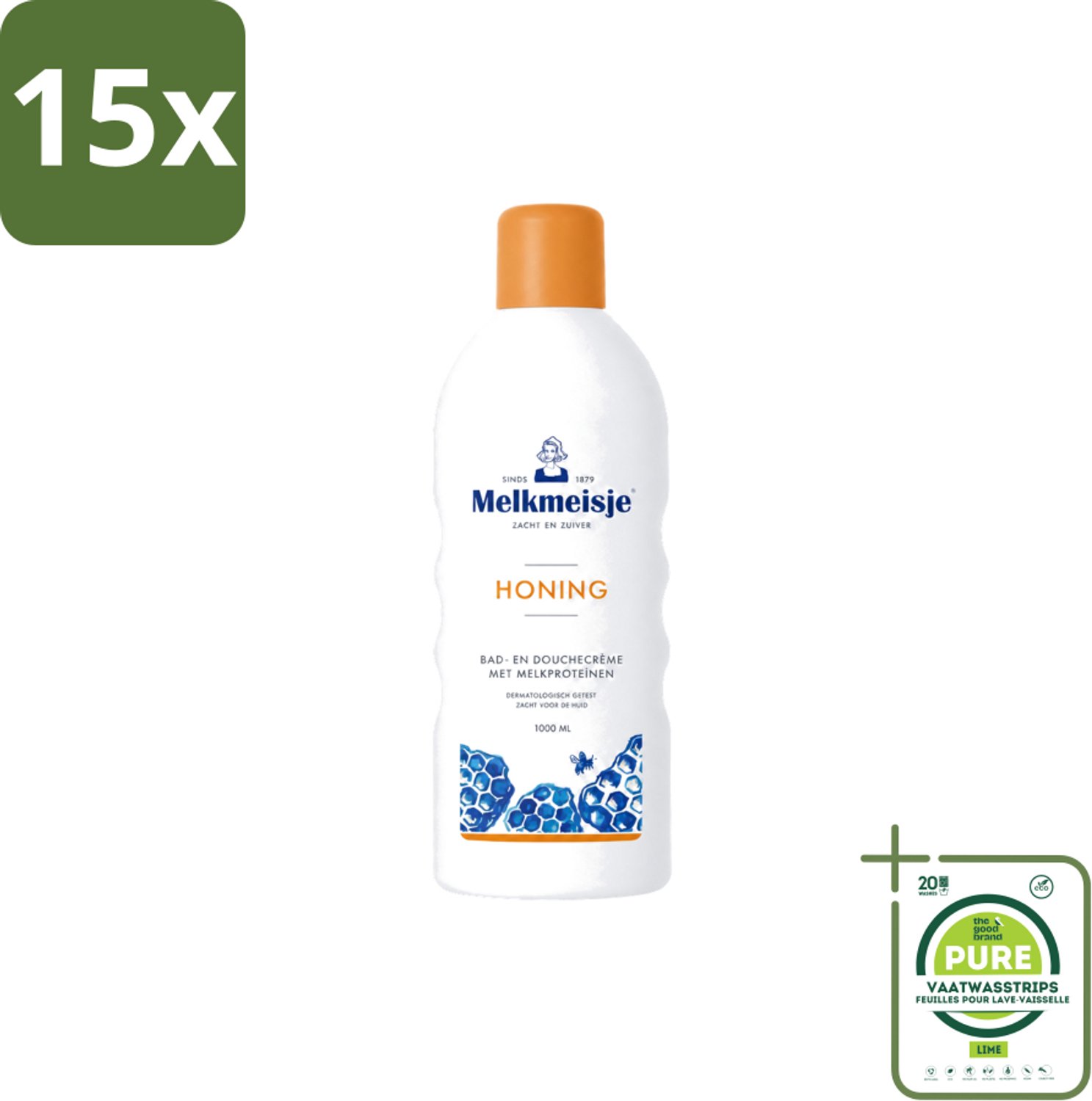 15 x Melkmeisje – Bad & Douche – Honing – 1000 ml - Grootverpakking - Vaatwasstrips - Bad En Douche Crème - Honing Crème - Natuurlijke Honing - Voedende Crème - Gezonde Huid