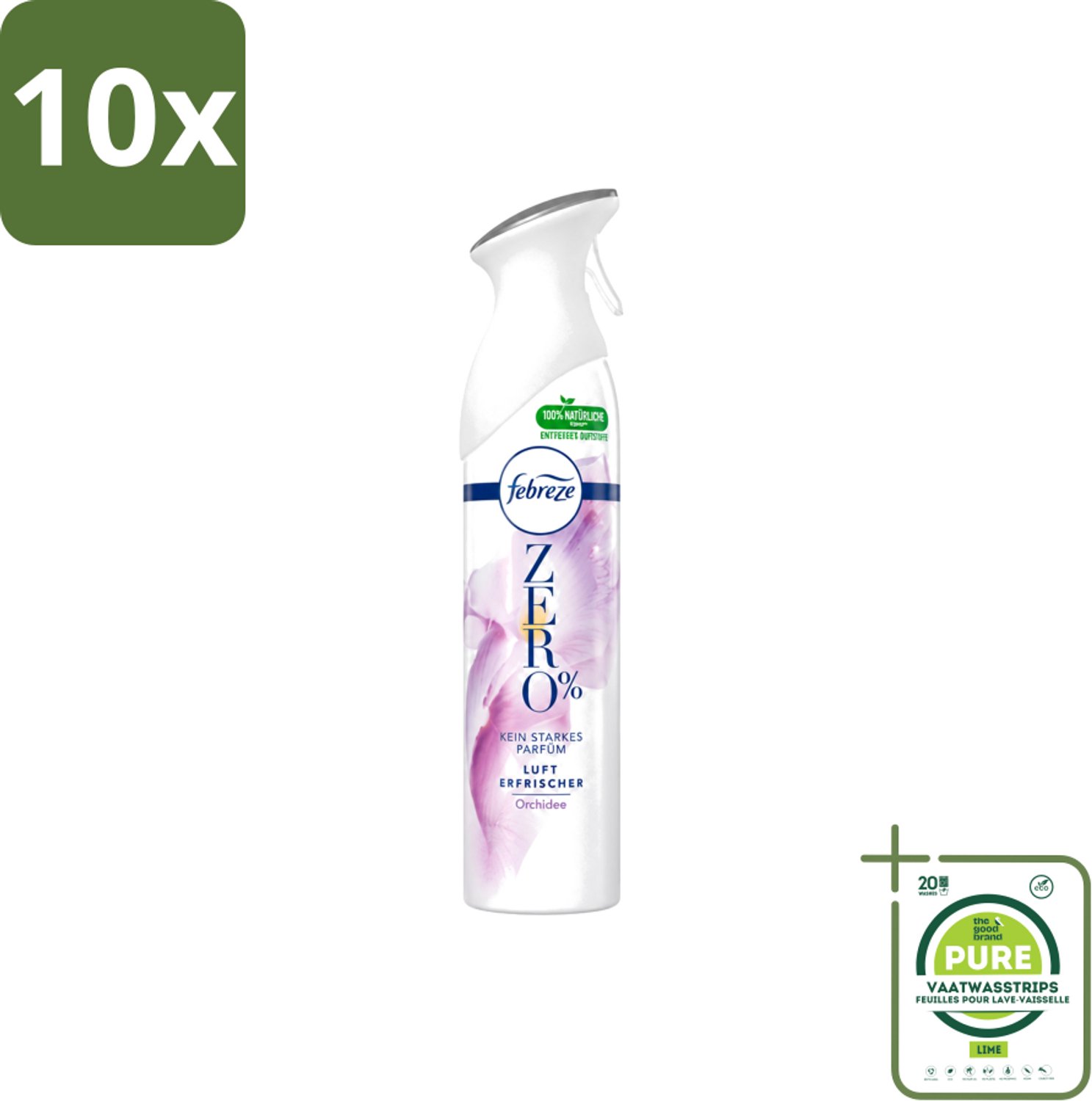 10 x Febreze Spray - Zero % - Orchidee - Luchtverfrisser - 300ml - Grootverpakking - Vaatwasstrips - Luchtverfrisser - Geuren Verwijderen - Orchidee Geur - Frisse Geur - Zero %