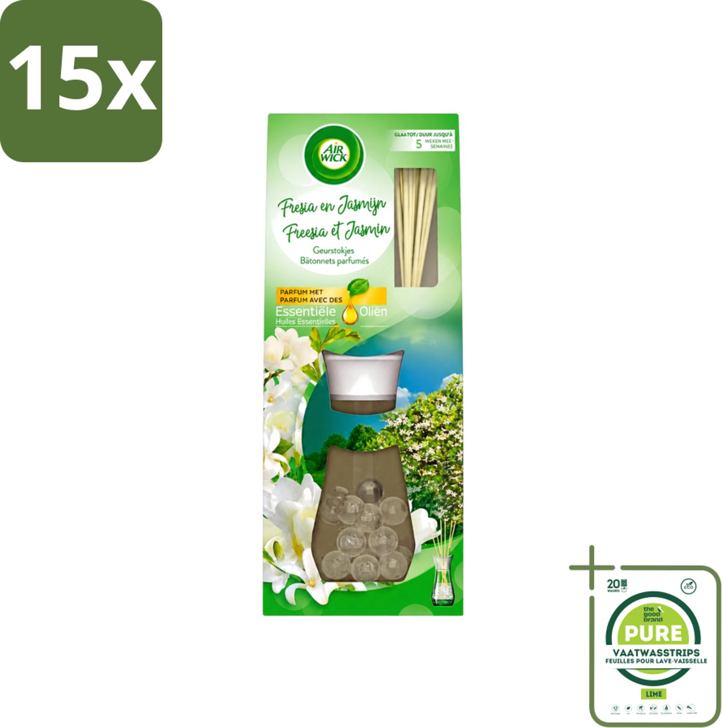 15 x Air Wick Essential Oils - Geurstokjes - Freesia & Jasmijn - 30ml - Grootverpakking - Vaatwasstrips - Geurstokjes - Bloemige Geur - Freesia - Jasmijn - Essentiële Oliën