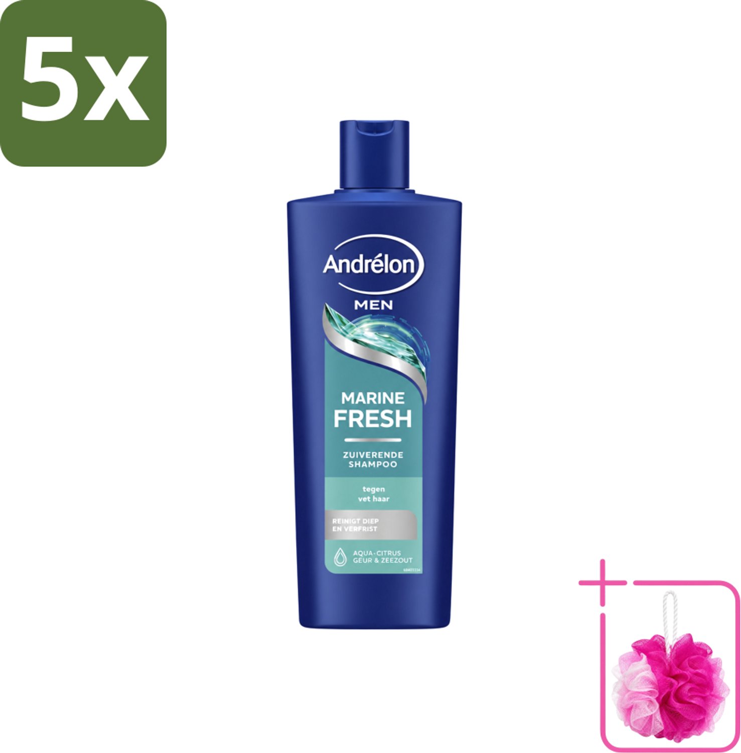 5 x Andrélon – Shampoo – Marine Fresh Men – 400 ml - Bulkverpakking - Mannelijk haar reinigen - Douchemop - Vet haar verwijderen