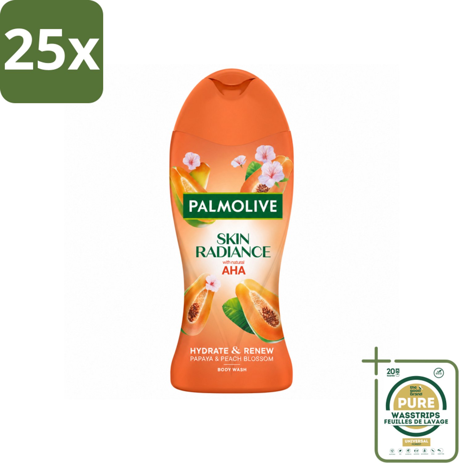 25 x Palmolive – Douchegel – Skin Radiance Papaya Peach – 250 ml - Wasstrips - Douchegel - Exfoliatie - Huidverheldering - Natuurlijke AHA - Papaja-extract