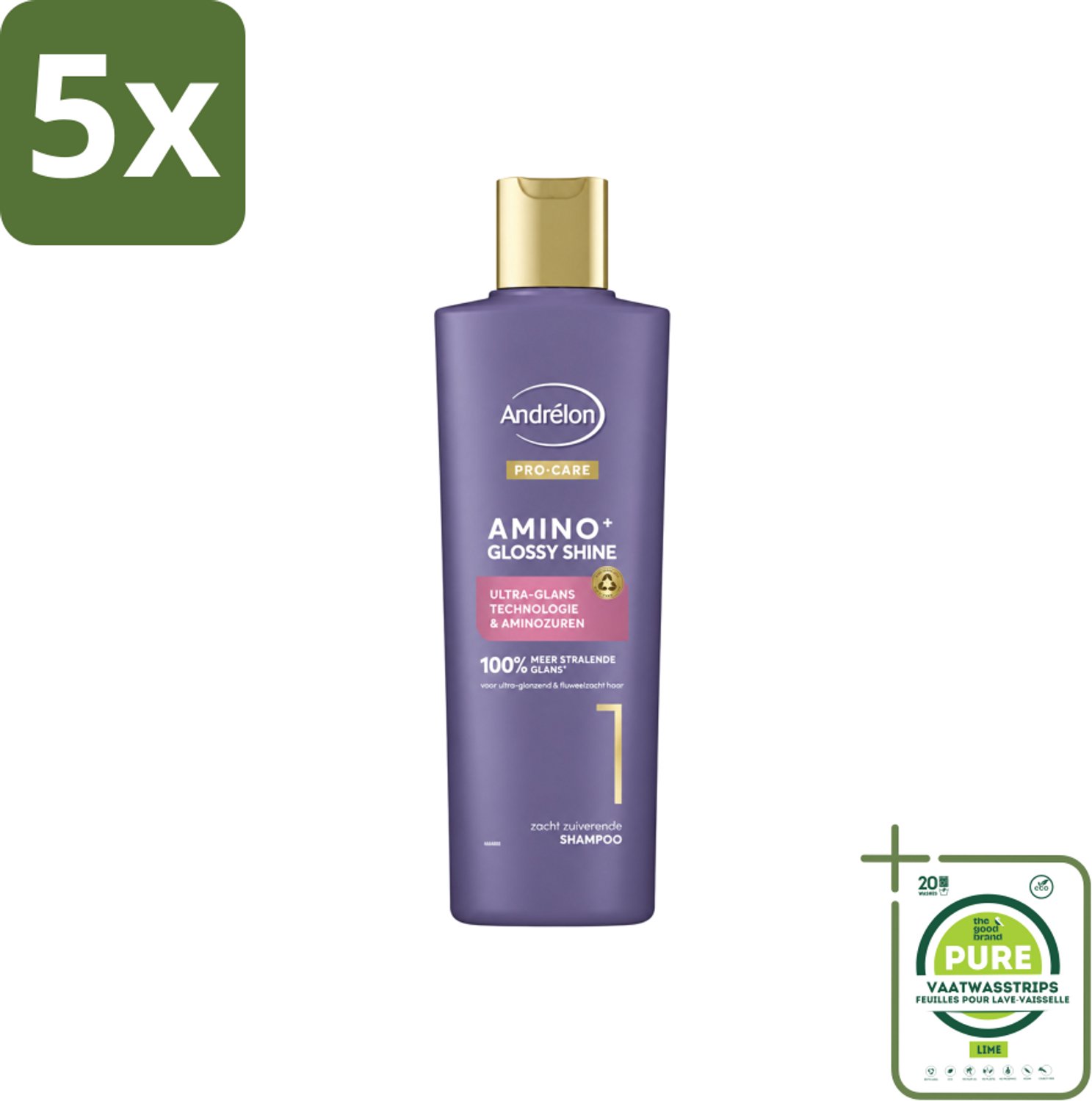 5 x Andrélon – Shampoo – Pro Care Amino+ Glossy Shine – 250 ml - Grootverpakking - Vaatwasstrips - Glans Haar - Zachtheid Haar - Stralend Haar - Gezond Haar - Stug Haar