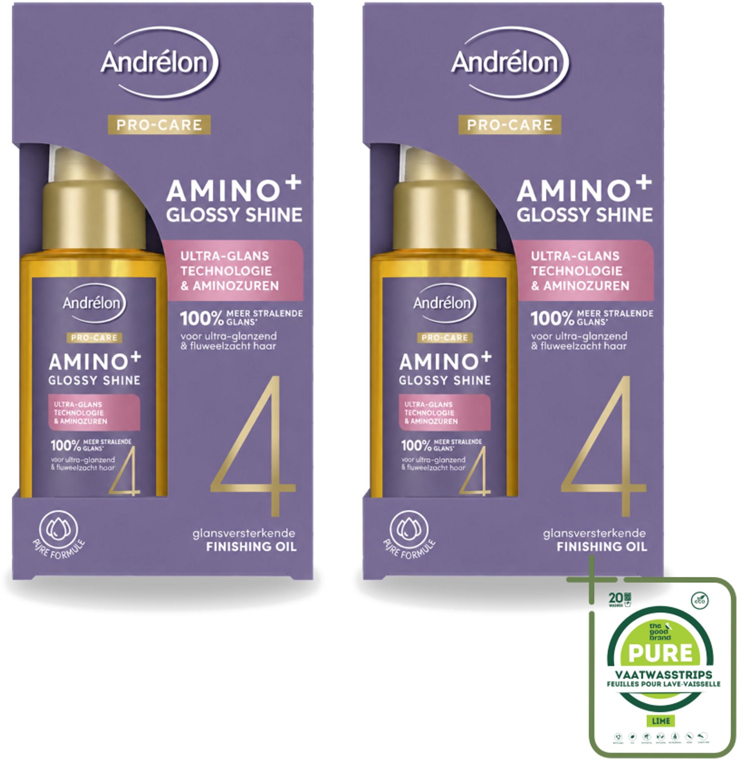 2 x Andrélon – Finishing Oil – Pro Care Amino+ Glossy Shine – 50 ml - Grootverpakking - Vaatwasstrips - Glans Haar - Pluisvrij Haar - Aminozuren Haar - Stralend Haar - Haarpunt Verzorging