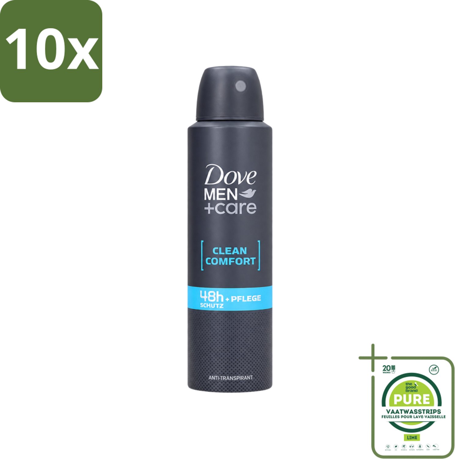 10 x Dove Men+Care - Clean Comfort - Deospray - Anti-Transpirant - 150 ml - Grootverpakking - Vaatwasstrips - Dove Men+Care - Deospray - Frisheid - Transpiratie - Huidbescherming