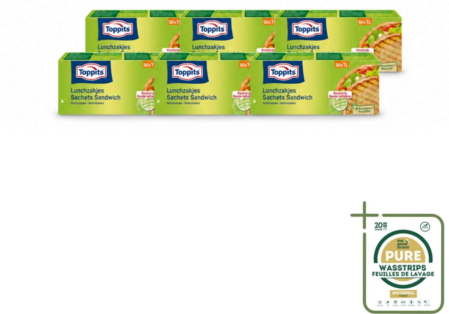 6 x Toppits – Lunchzakjes – Hersluitbaar – 1 Liter – 50 Zakjes - Wasstrips - Sandwichzakjes - Lunchzakjes - Versheid - Lekvrij - Hygiëne