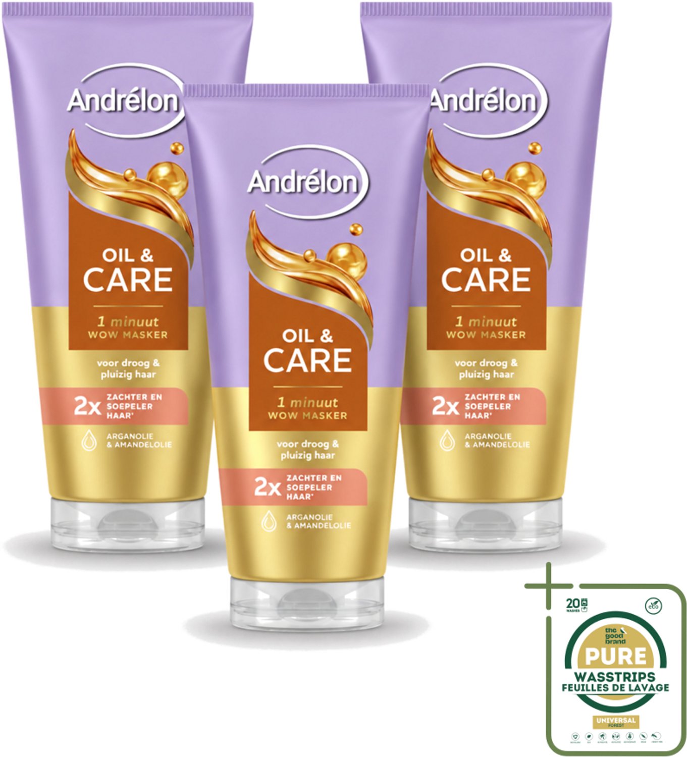 3 x Andrélon – Haarmasker WOW – Oil & Care – 180 ml - Wasstrips - Haarverzorging - Haarmasker - Pluizig Haar - Droog Haar - Arganolie