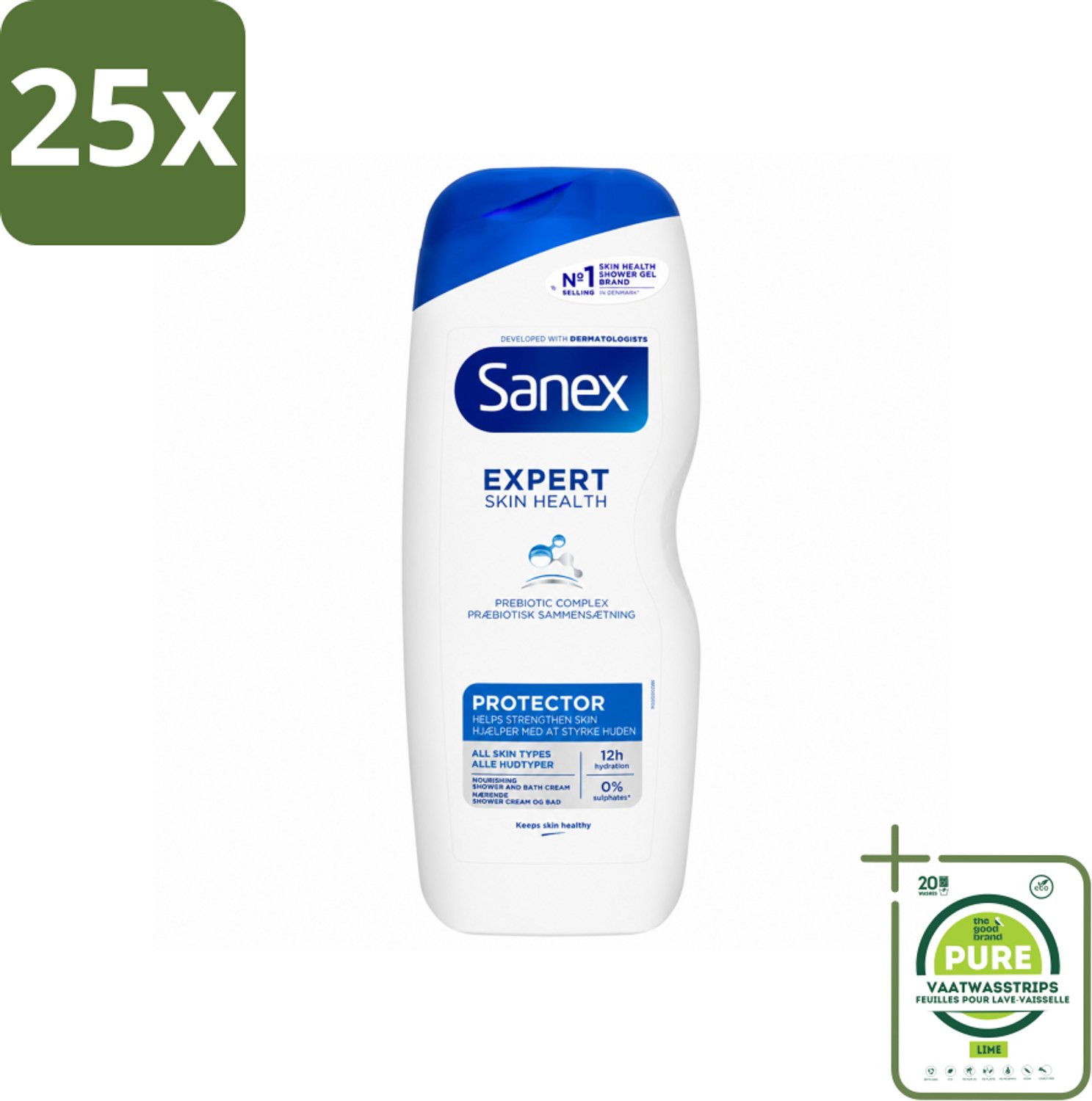 25 x Sanex – Douchegel – Expert Skin Health Protector – 600 ml - Grootverpakking - Vaatwasstrips - Huidversterkend - Huidbarrière - Hydratatie - Pre- En Postbiotica - Gezond Huidmicrobioom