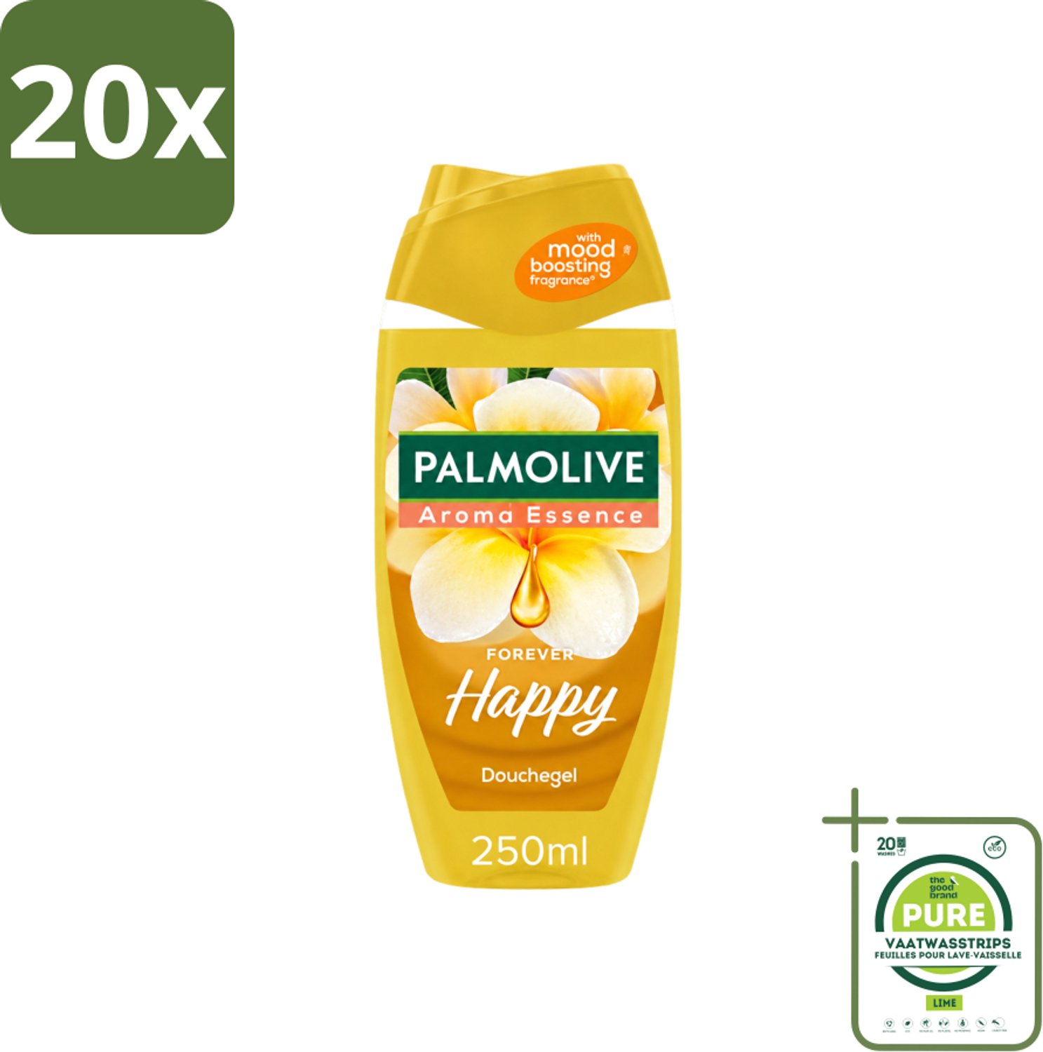 20 x Palmolive - Arroma Essence - Douchegel - Frangipani & Neroli - Forever Happy - 250 ml - Grootverpakking - Vaatwasstrips - Douchegel - Frangipani - Neroli - Geur - Reiniging