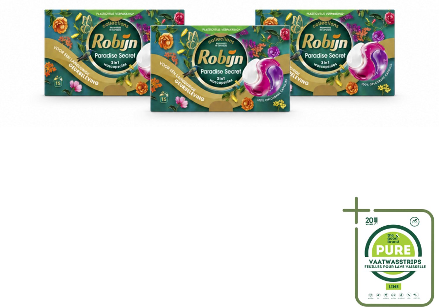 3 x Robijn – 3-in-1 Wascapsules – Paradise Secret - 15 Capsules - Grootverpakking - Vaatwasstrips - Wascapsules - Kleurbescherming - Wasgeur - 3-in-1 - Wasbeurt