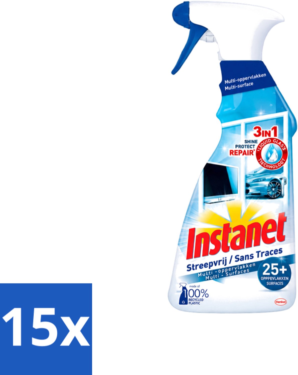 15 x Instanet - Schoonmaakspray - Streepvrij - 3 in 1 - Multi-Oppervlakken - 725 ml - Voordeelverpakking - 15 stuks