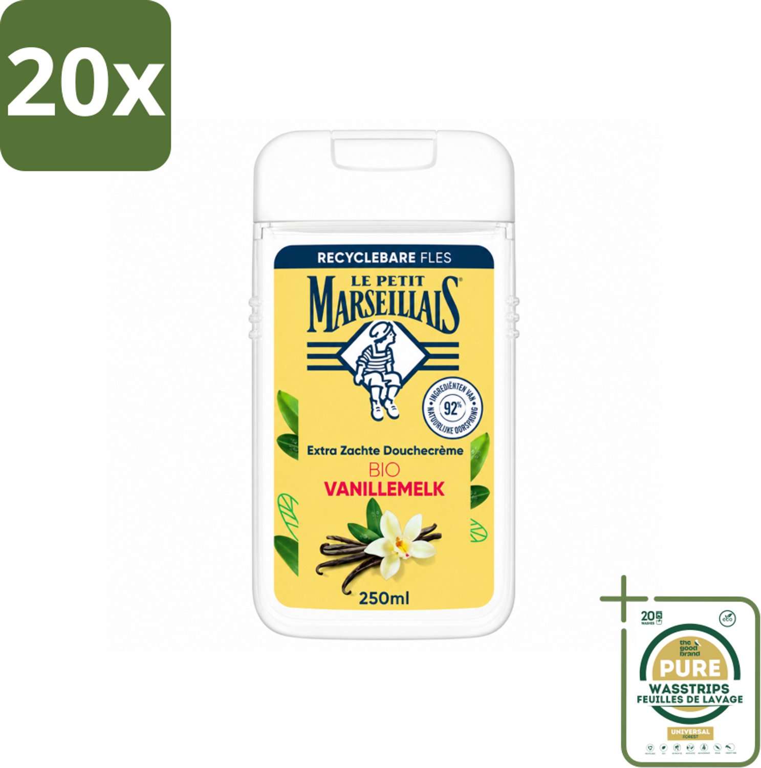20 x Le Petit Marseillais – Douchecrème – Lait de Vanille Bio – Extra zacht – 250 ml - Wasstrips - Douchecrème - Vanille - Bio - Zachte Douchecrème - Huid Verzorging