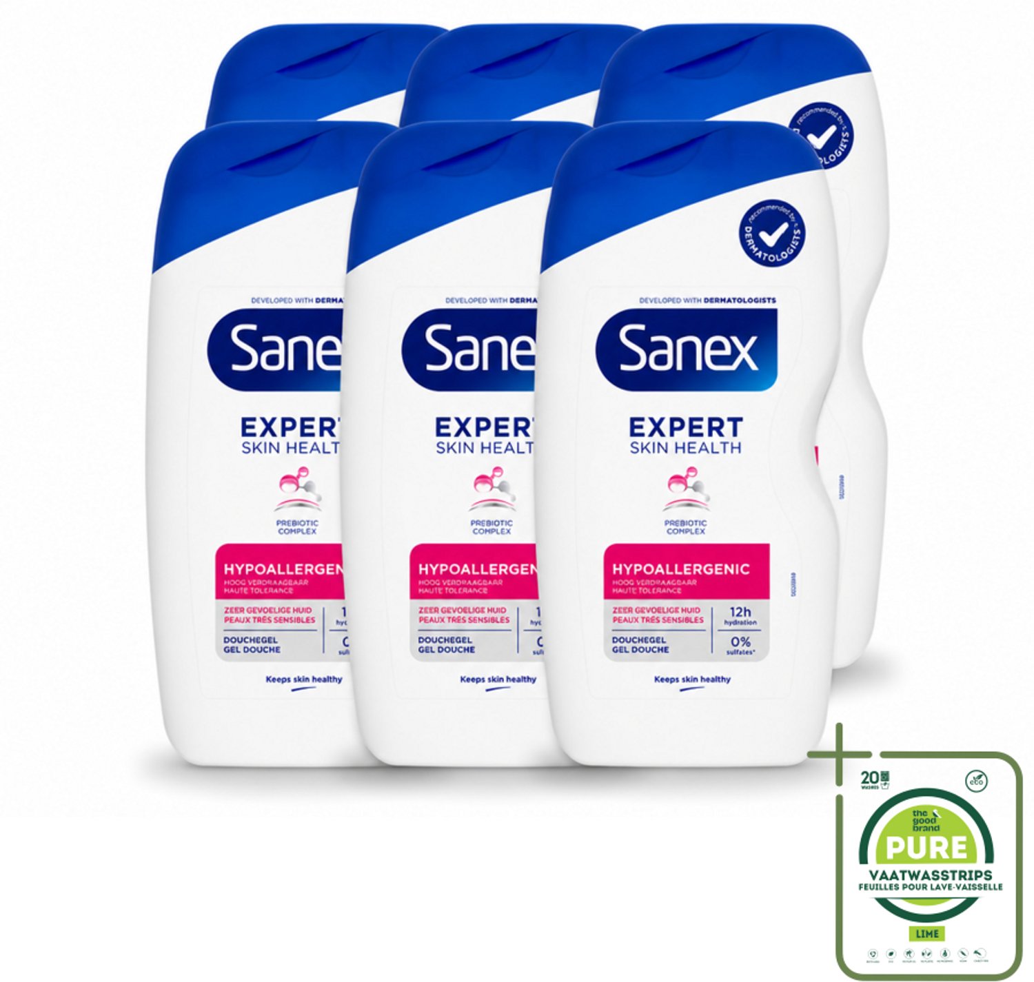 6 x Sanex – Douchegel – Expert Skin Health Hypoallergeen – 400 ml - Grootverpakking - Vaatwasstrips - Gevoelige Huid - Hypoallergenisch - Douchegel - Huidbarrière - Pre- En Postbiotica