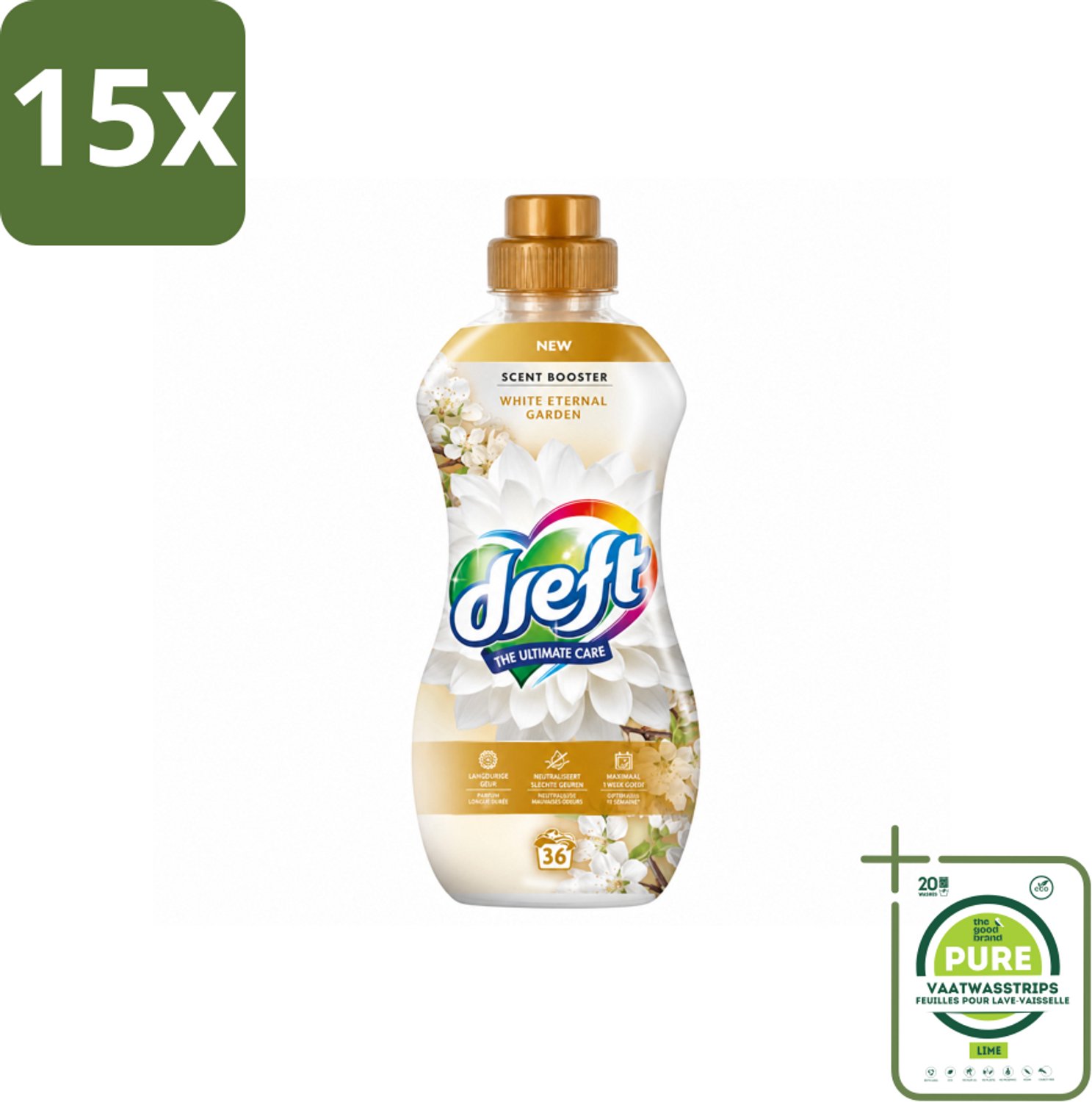 15 x Dreft – White Eternal Garden – Vloeibare Geurbooster – 720 ml – 36 wasbeurten - Grootverpakking - Vaatwasstrips - Wasgeur - Wasgeurbooster - Frisse Geur - Wasmiddel - Textiel Verzorging