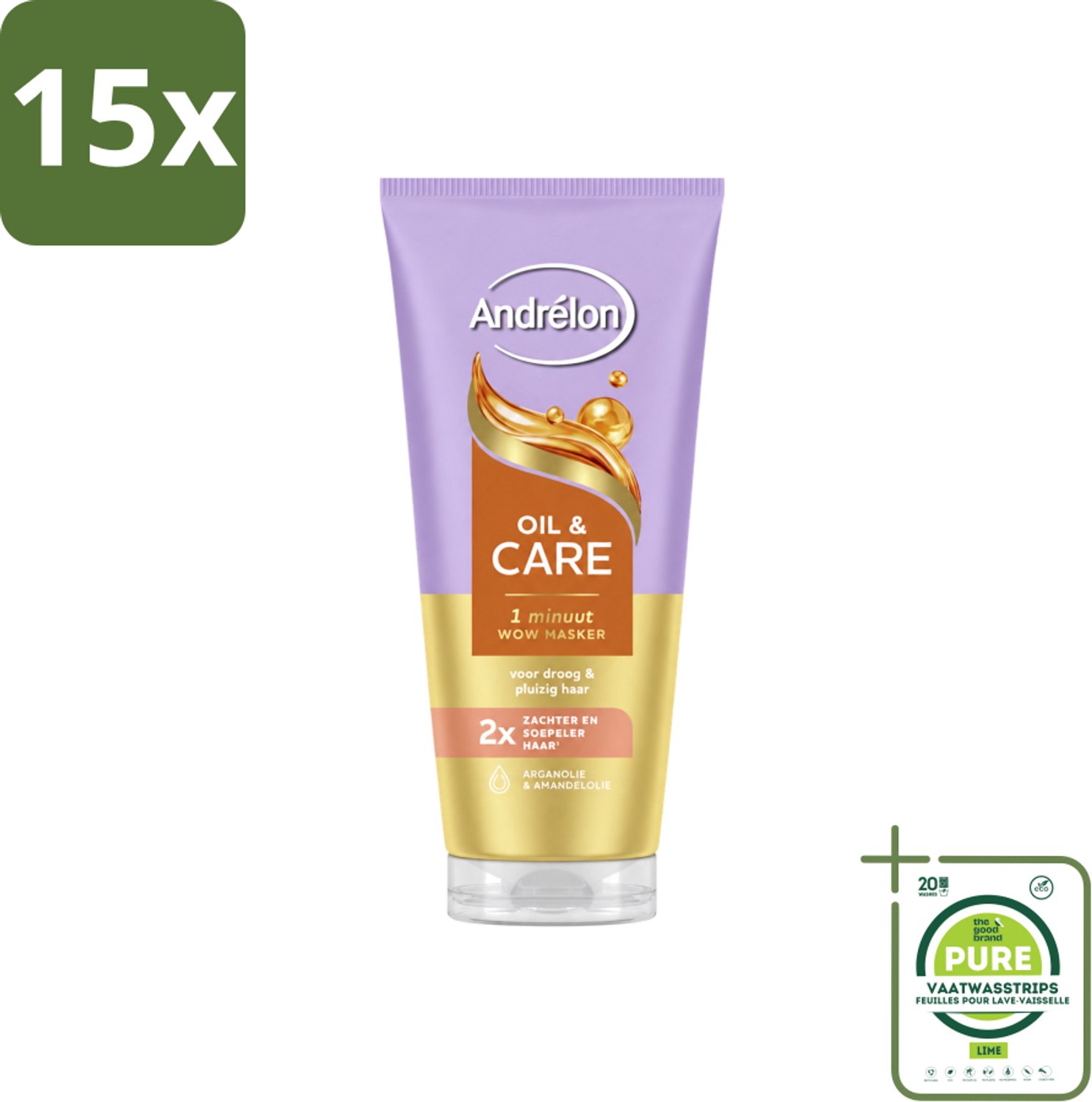 15 x Andrélon – Haarmasker WOW – Oil & Care – 180 ml - Grootverpakking - Vaatwasstrips - Haarmasker - Haar Verzorging - Droog Haar - Pluizig Haar - Arganolie