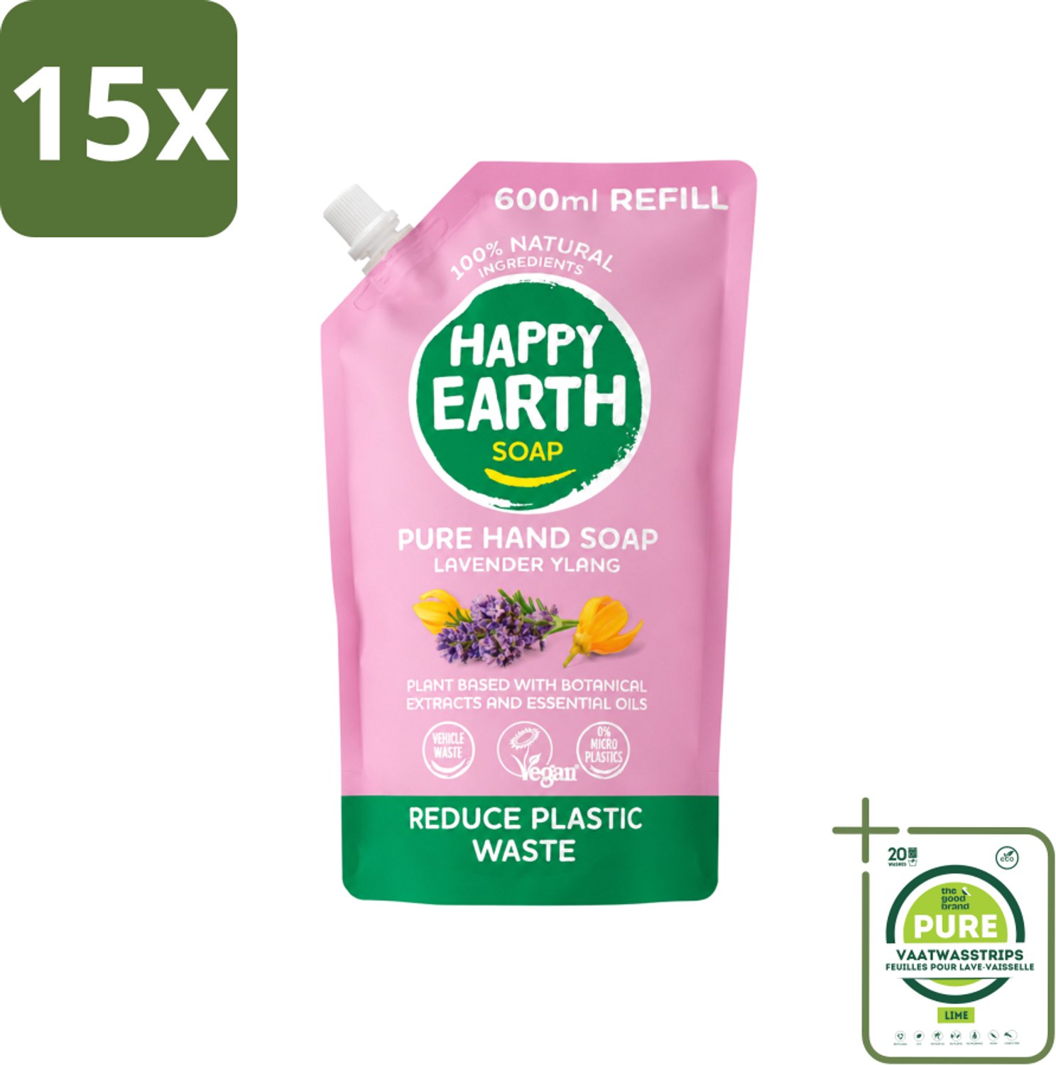 15 x Happy Earth – Handzeep Navulling – 100% Natuurlijk Lavender Ylang – 600 ml - Grootverpakking - Vaatwasstrips - Natuurlijke Handzeep - Navulverpakking - Lavendel - Ylang - Vegan Handzeep