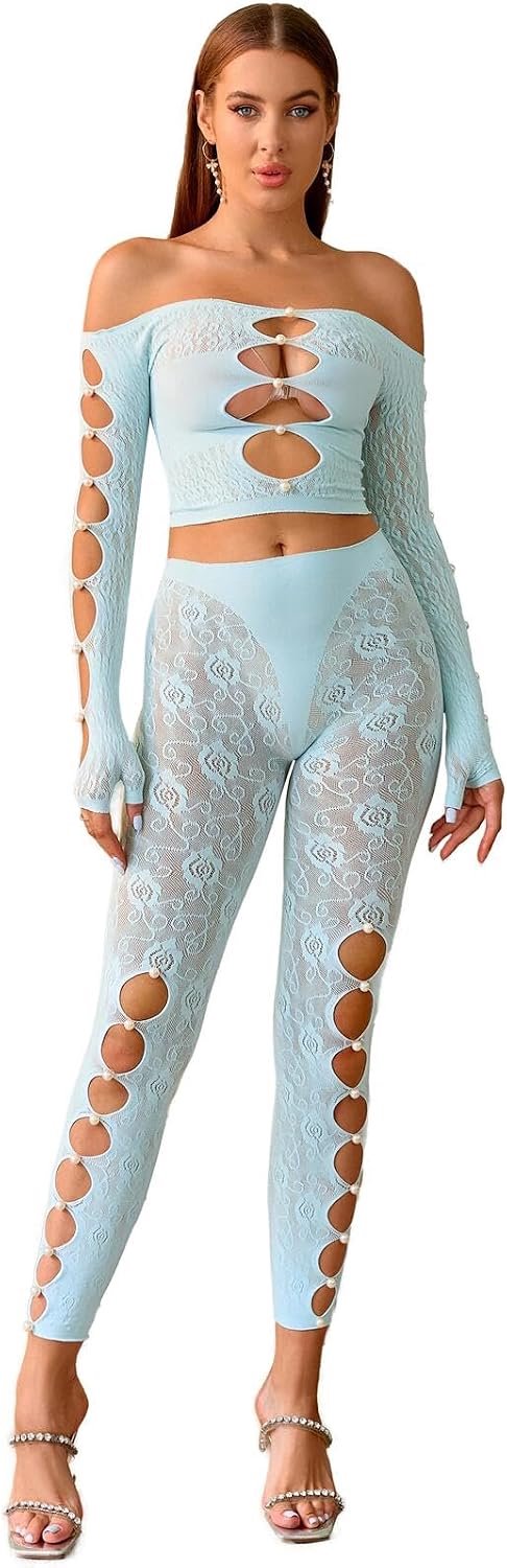 Visnet set bodystocking party kleding clubwear top & panty sexy mesh lingerie jumpsuits