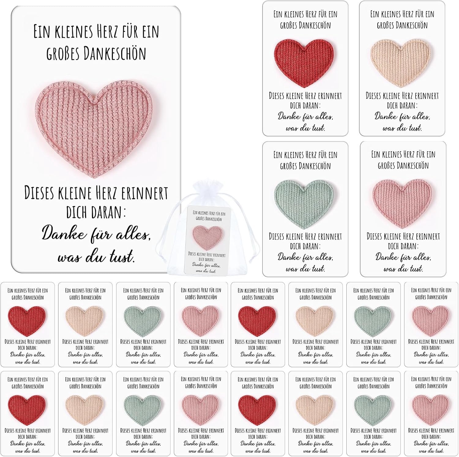 Set van 20 Stoffen Gelukshartjes met Kaart en Organza Zakje