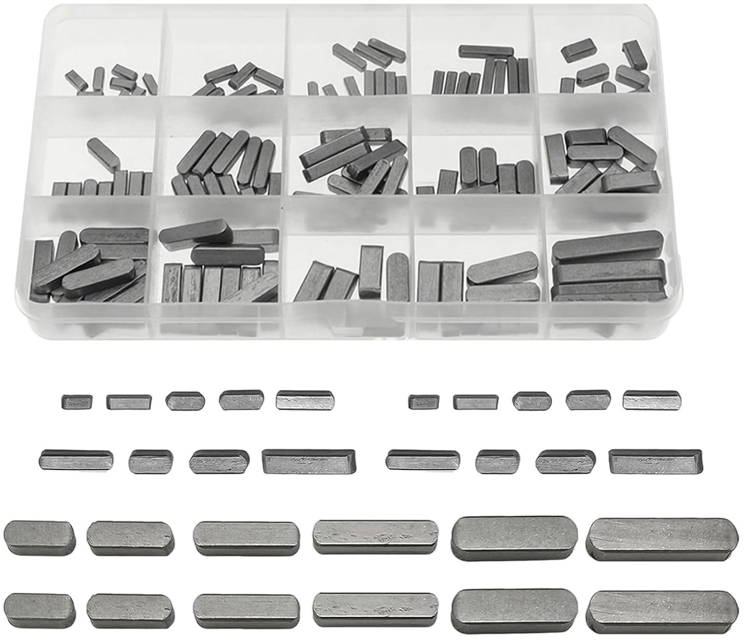 Assortiment van 175 Stuks Verende Wedges met Ronde Kop voor Mechanische Toepassingen - Diverse Maten 3/4/5/6/8 mm voor Efficiënte Aandrijving en Precisiewerk