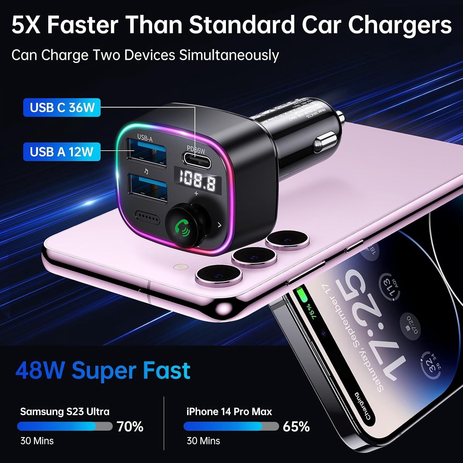 Bluetooth FM Transmitter en Auto Lader met Dubbele USB Poorten, 48W Snelladen en LED Display voor Draadloze Radio Ontvangst en 64GB USB Stick met Lichtschakelaar – foto 6