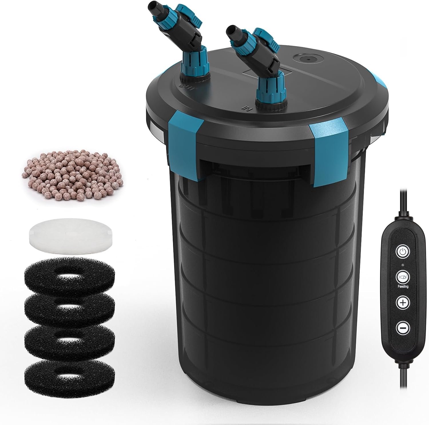 fishkeeper Buitenfilter voor aquarium met controller en intelligente voederpauze, instelbare doorstroming, stil aquariumfilter ≤ 25 dB, 5-traps filtersysteem met spons en kwartsballen, voor zoet en