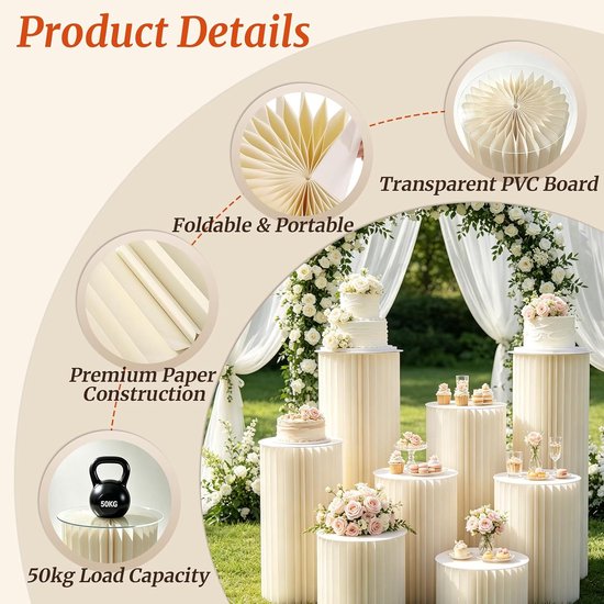 5 stuks opvouwbare papieren zuilen, taartstandaard, witte cilindersokkel voor bruiloft, feest en evenementen, decoratieve zuilen voor taarten, bloemen en tafeldecoratie, Ø 30 × H 20/40/60/80/100 cm — afbeelding 5