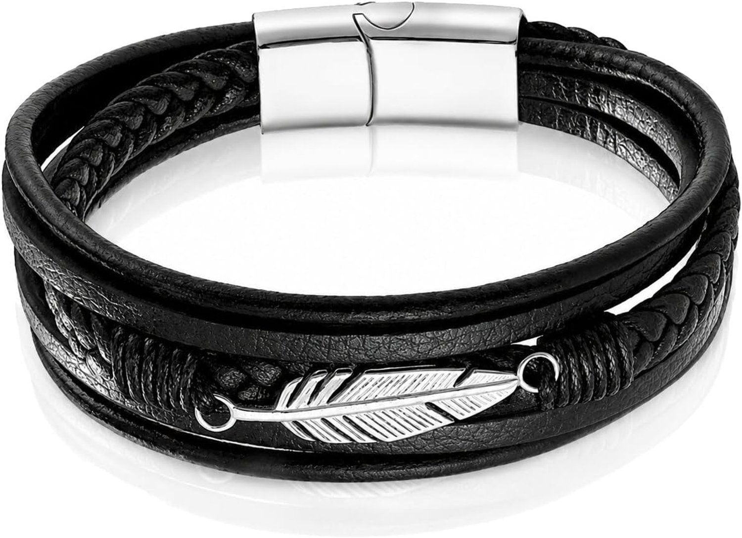 Mendes Jewelry Heren Armband - Stoer Zwart Leder met Bladvormige Stalen Bedel - Zilver-21cm
