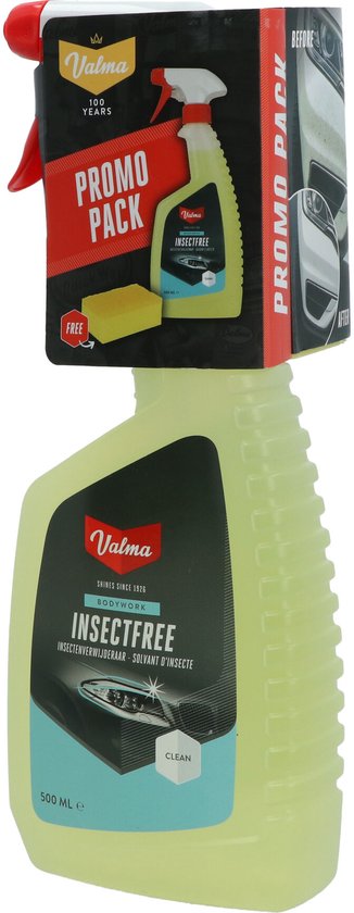 Valma Insectfree promo pack met gele sprayfles, een gratis gele spons en "before & after" afbeeldingen van een schone auto.