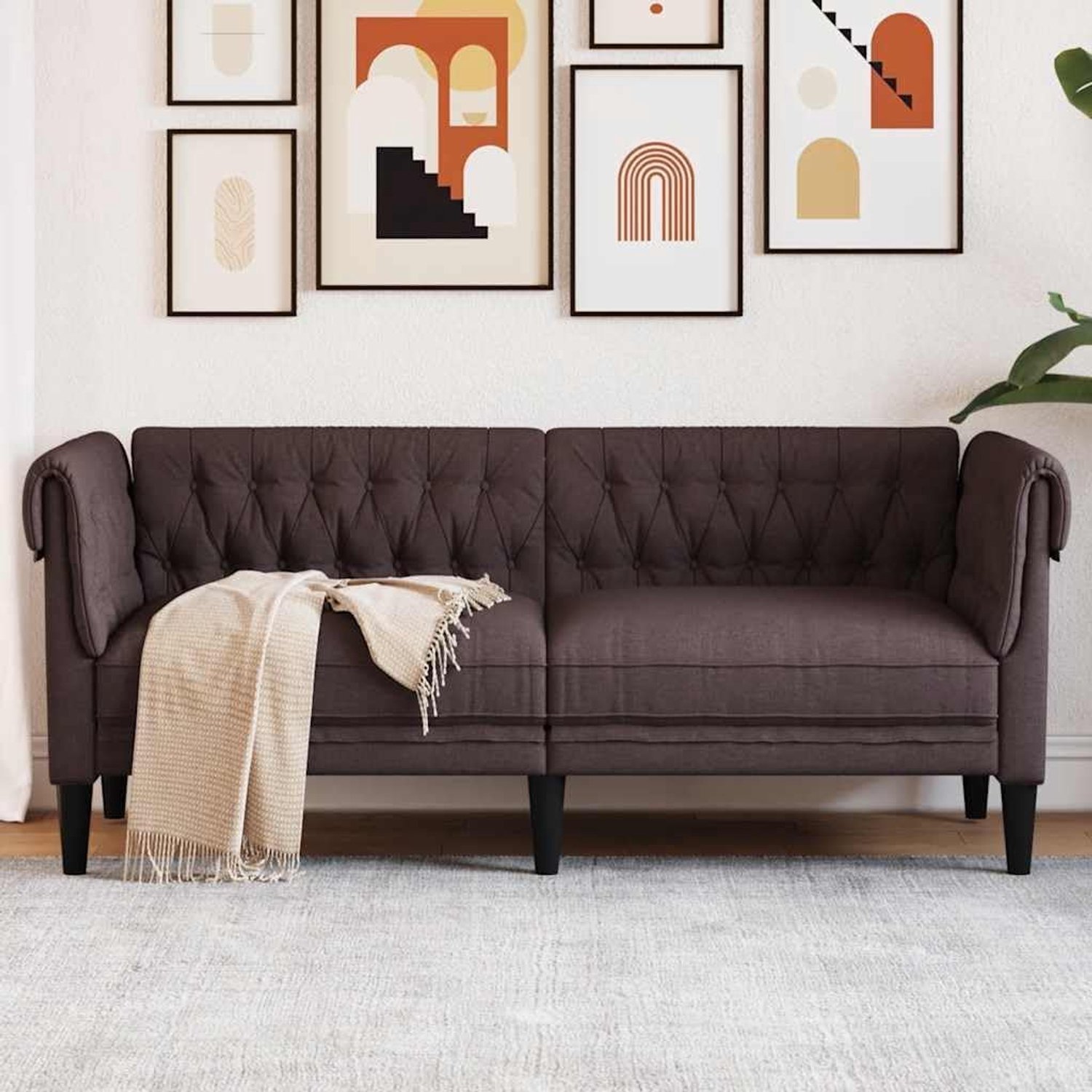 2-zits, donkerbruin, stof, tweezitsbank, gestoffeerd, klassiek design en diepe rugleuningen voor een comfortabel zitgevoel