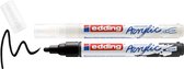 Twee edding acryl stiften, wit en zwart, met een zwarte verfstreep ernaast.