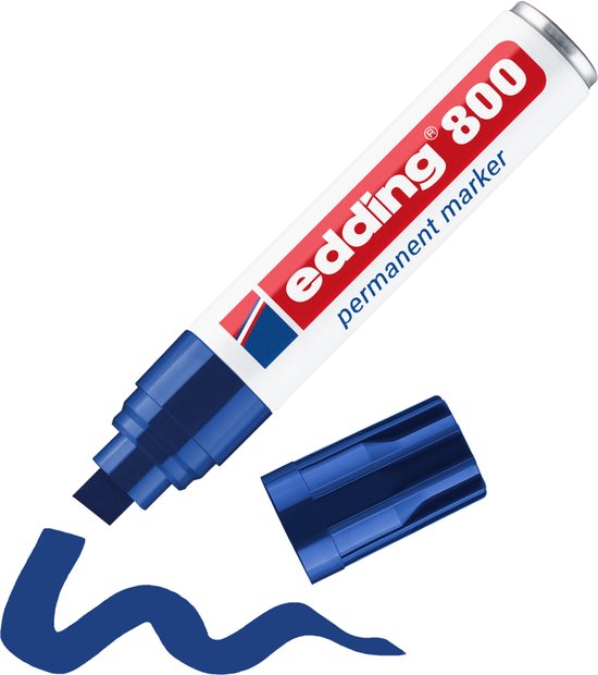Blauwe edding 800 permanente marker met beitelpunt en blauwe inktstreep.