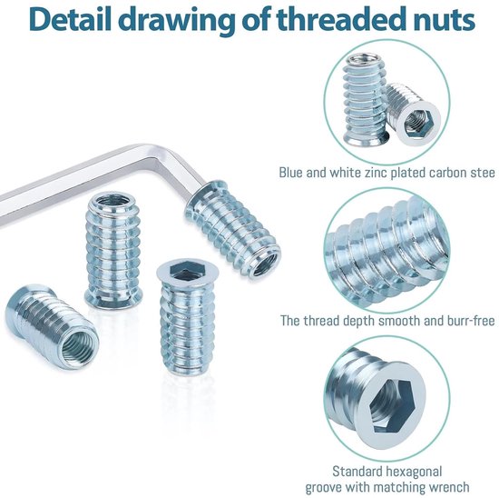 40 stuks inschroefmoer M6x15mm, Leryati draadinzet voor hout, inschroefmuffelen draadinzetstukken, inschroefhuls zink legering inslagmoer binnenzeskant inschroefdraad moeren voor houten meubels — afbeelding 2