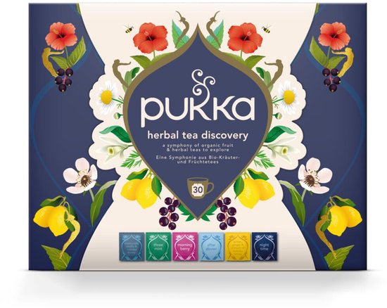 Pukka Herbal Tea Discovery doos met bloemen, citroenen, bessen en bijen. 30 zakjes.