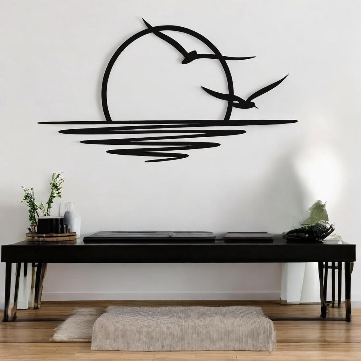 Tubibu Metalen muurkunst - zon glitter wanddecoratie - zwarte minimalistische lijnkunst - zonsopgang muur opknoping voor woonkamer, slaapkamer, buiten housewarming cadeau (XL)