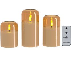 Luxe LED kaarsen Set (3 Stuks) - Rookglas - 3D Vlam - Met Afstandsbediening & Timer (GOLD AMBER)
