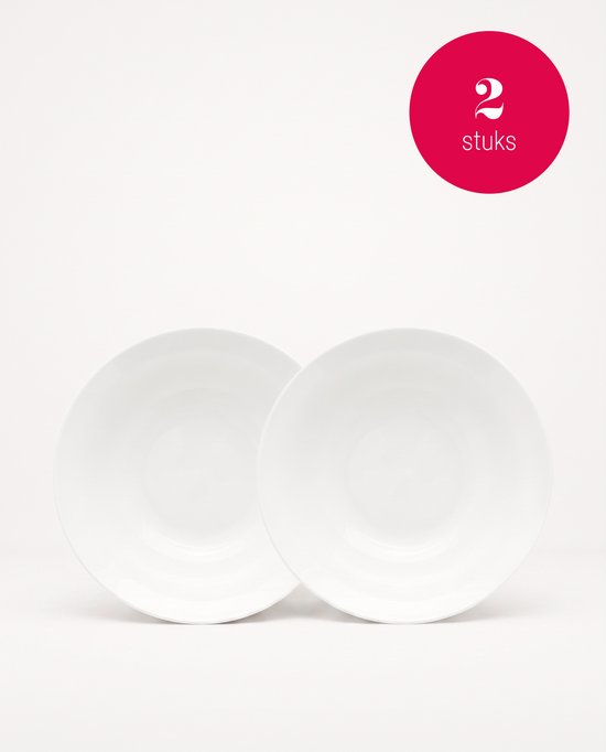 Twee witte, ronde pastaborden, opgestapeld met een rode cirkel met '2 stuks'.