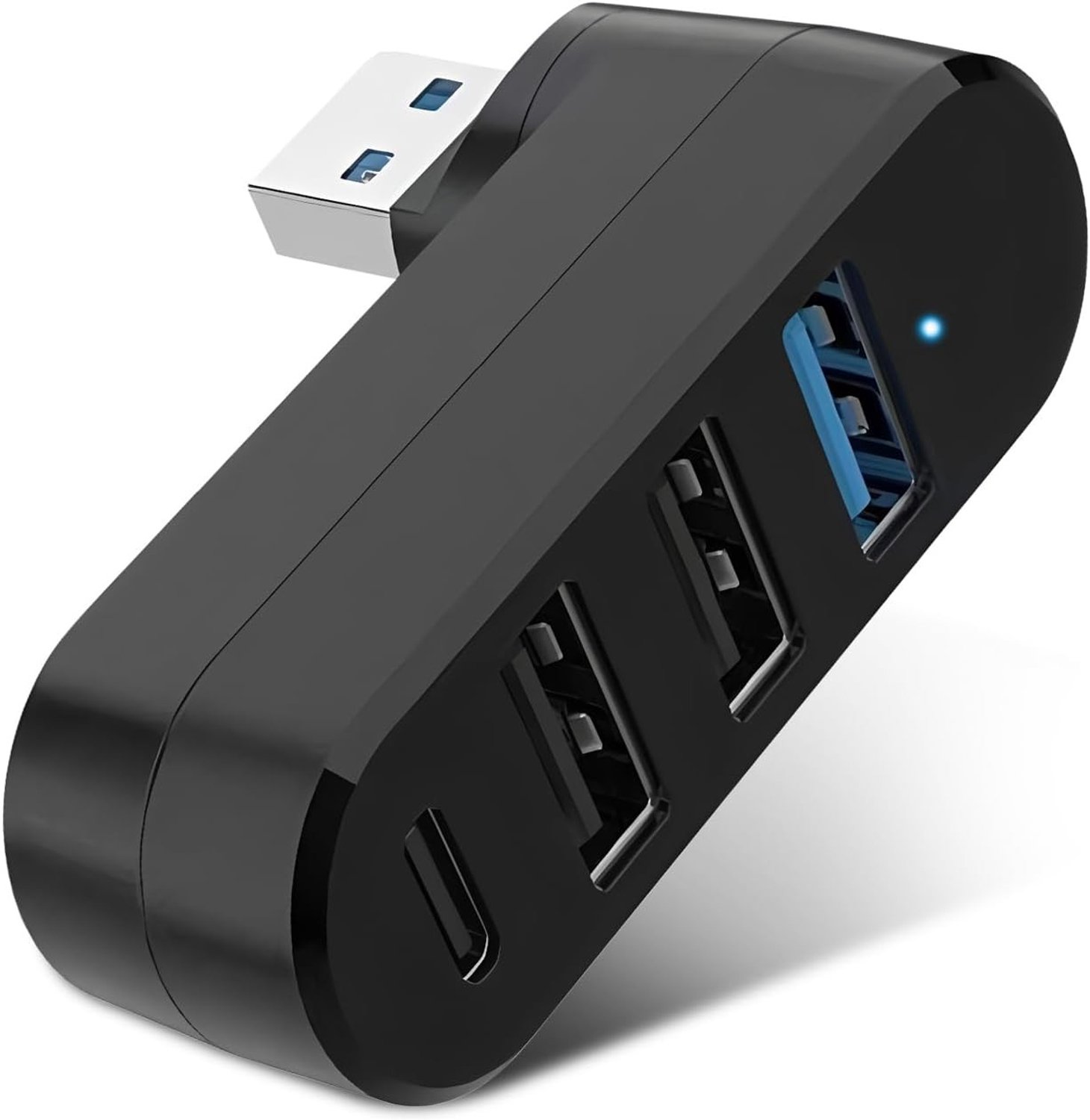 USB 3.0 4-in-1 Hub met 180° Rotating Connector, Multi-Port USB Adapter voor Laptop en PC met 3x USB A en 1x USB C, Compacte Mini USB Hub voor Thuis en Kantoor