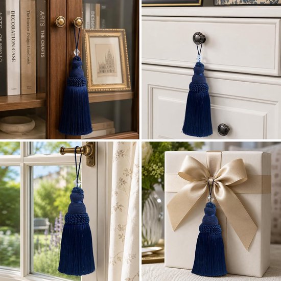 2 stuks gordijnkwastjes tie-backs zijden decoratieve holdbacks met kristallen kraal en touw lus elegante handgemaakte franjes stropdas ruggen voor woonkamer slaapkamer raam gordijn (marineblauw) — afbeelding 3