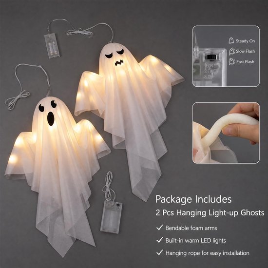 2 stuks Halloween decoratie outdoor geest, griezelige windzak, Halloween-decoraties hangend met led voor buiten, voortuin, terras, gazon, tuin, feestdecoratie — afbeelding 2