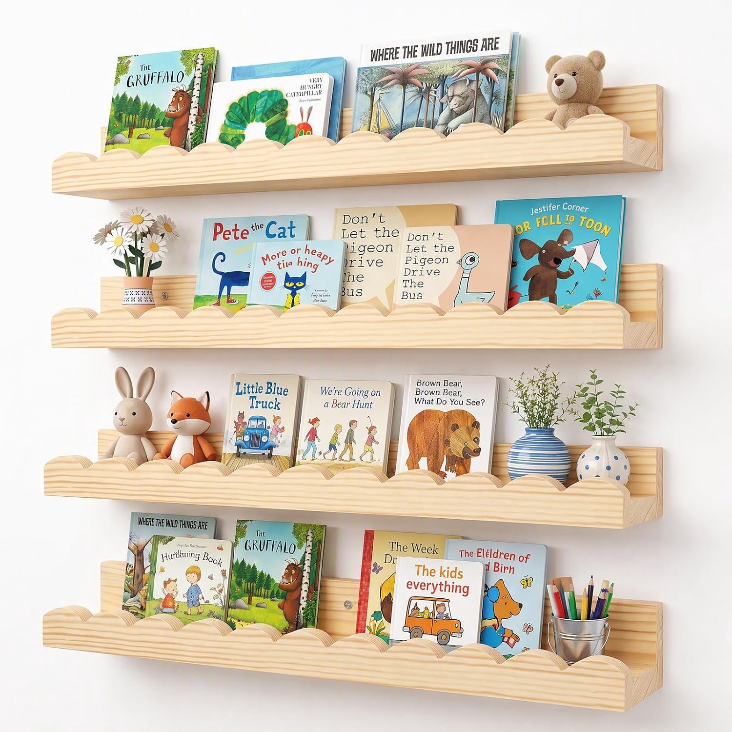 Gugxiom Set van 4 houten wandplanken, kinderkamer, boekenkast, muur, 42 cm