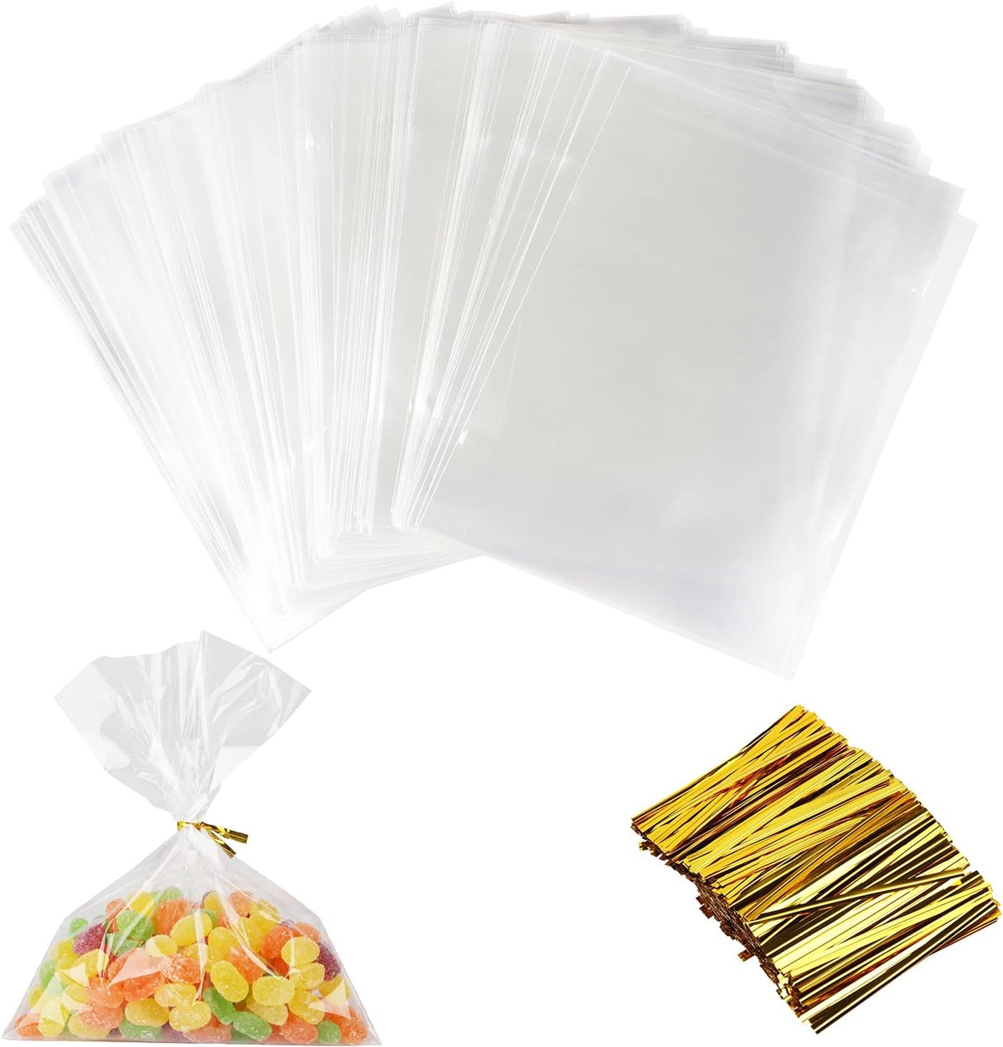 Powmag Cellofaanzakken, 200 stuks, klein, groot, bodemzakjes, transparant, OPP geschenkzakjes, koekjes met gouden band, voor bruiloft, verjaardag, babyshower, kinderfeest (15 x 20 cm)