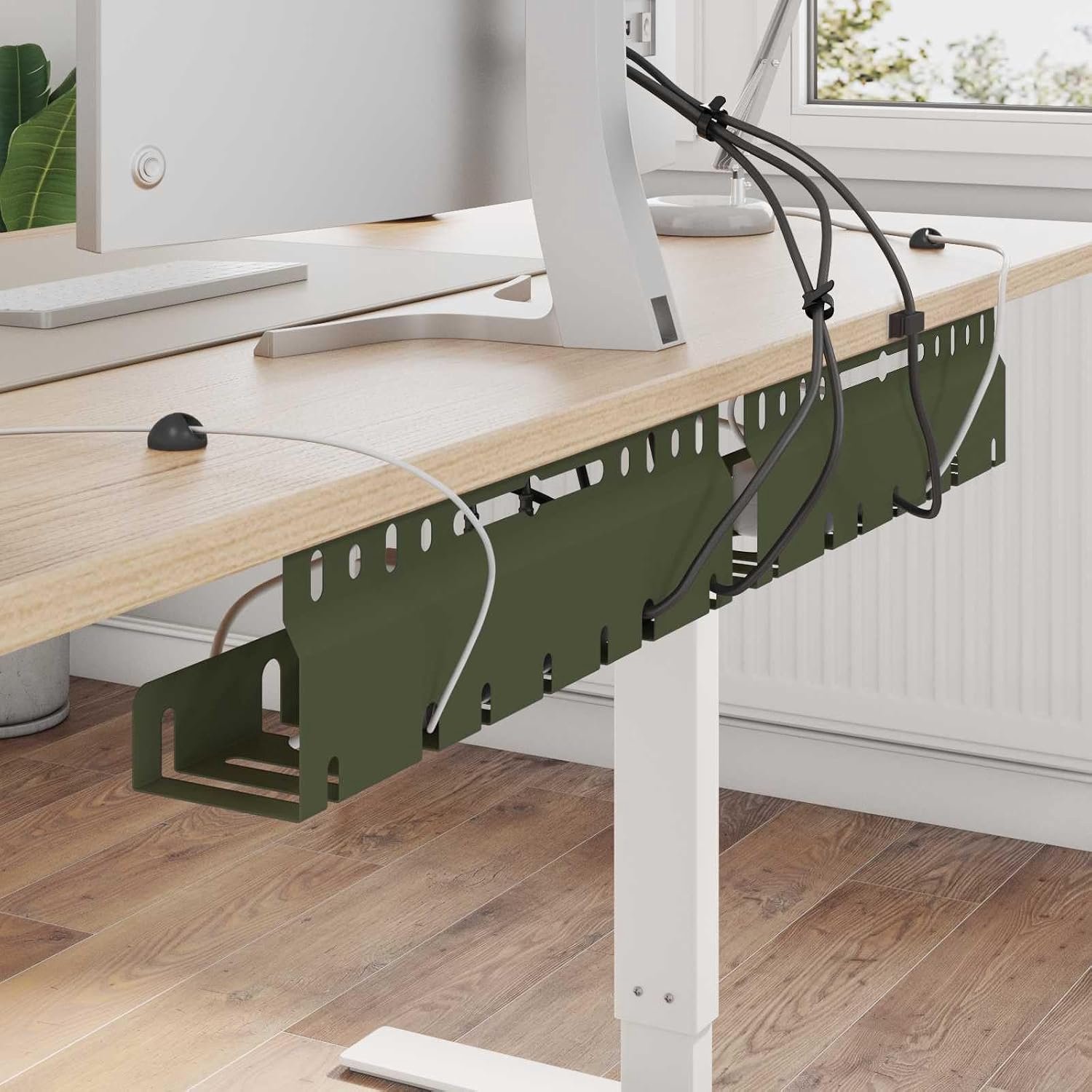 Kabelmanagement onder bureau, set van 2, metaal, olijfgroen, kabelgoot, bureau, kabelorganizer voor kantoor, kabelhouder, stalen kabelgoot, kabelorganisatie