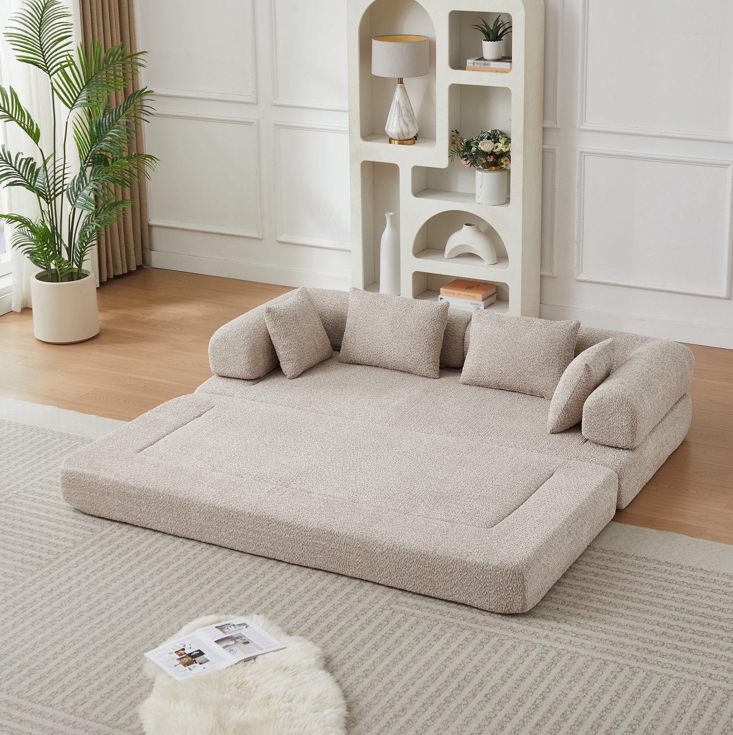 DESMIU Slaapbank 200 x 95 cm - Vier-in-één Modulaire Bank Met Verstelbare Rugleuning En Slaapfunctie - Voor Woonkamer - Chenille Khaki