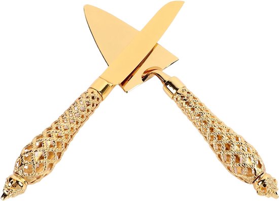 Vintage Gouden Taartmes en Serveerset Elegante Gegraveerde Bruidstaartsnijder Serveerspatel Gebruiksvoorwerpen voor Verjaardag Jubileumfeest Zinklegering 11,6 Inch — afbeelding 5