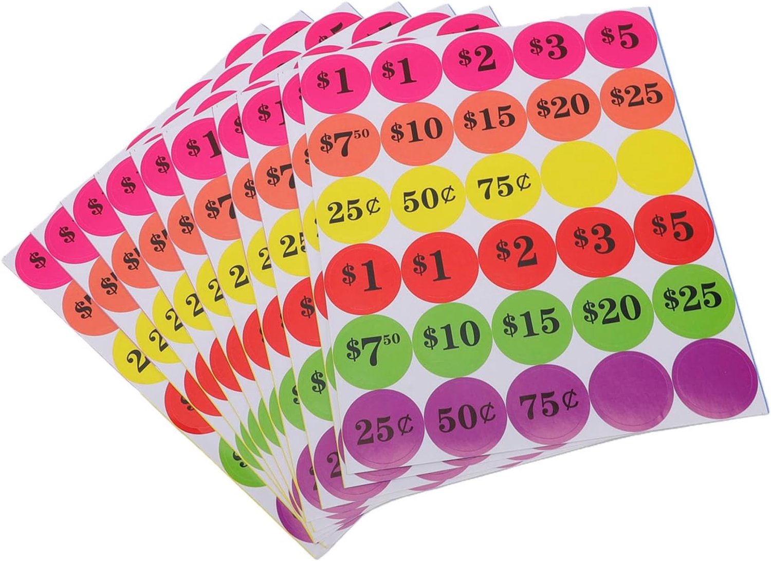 Jeffergarden Zelfklevende Ronde Prijsetiketten 6 Levendige Kleuren 25 Cent Tot 25 Dollar met Sterke, Zachte Lijm voor Garageverkoop op Vlooienmarkten (35F 50 vellen/pak)