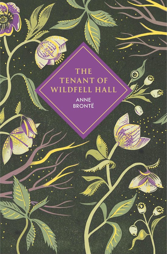 Boekomslag van The Tenant of Wildfell Hall door Anne Brontë met paarse ruit en bloemmotief op donkergroene achtergrond.